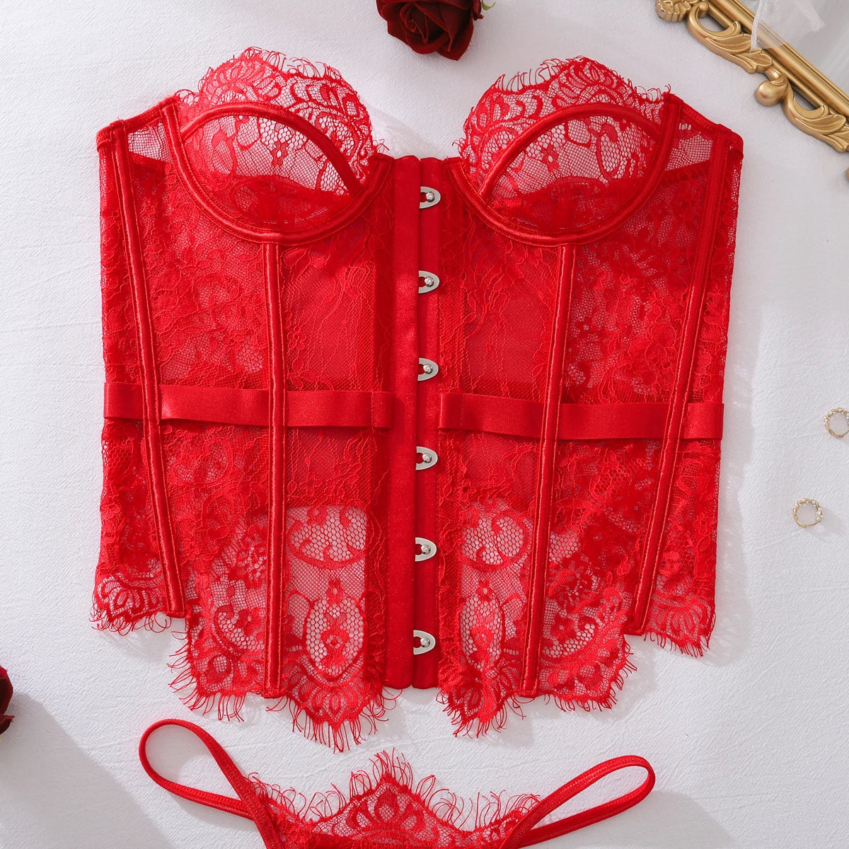 Ellolace Palace Women's Lingerie Sets Willowy Corset Thong 2PC Set Sexy Hot Strapless Lace Fancy Deep V-neck Women Underwear