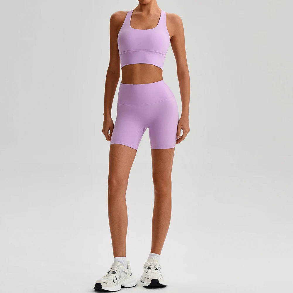 Buttery Soft Nylon Yoga Set Crisscross Back Sports Bra High Waist Biker Shorts 2 Piece Gym Set Workout Outfit Women Activewear