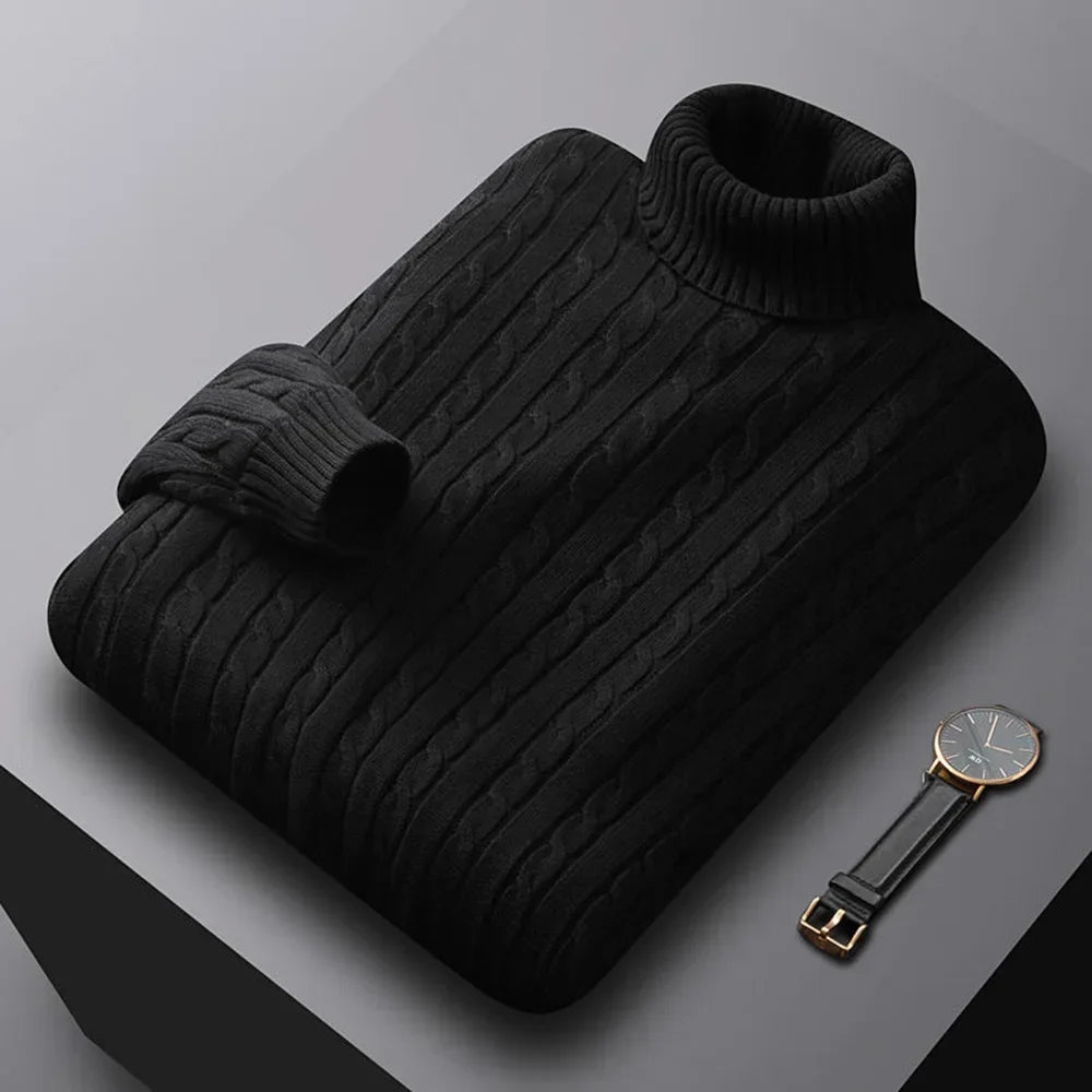 Autumn New Men's Turtleneck Jacquard Sweater Solid Color Knitted Pullover Casual Warmth High Elastic Versatile Male Sweatwear