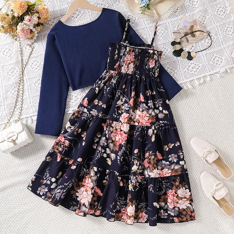 Kid Girl Long Sleeve Bow Design Coat & Beige All Print Shirred-Bodice Sling Dress Set Cute Sweet Elegant Princess Dress For Kids