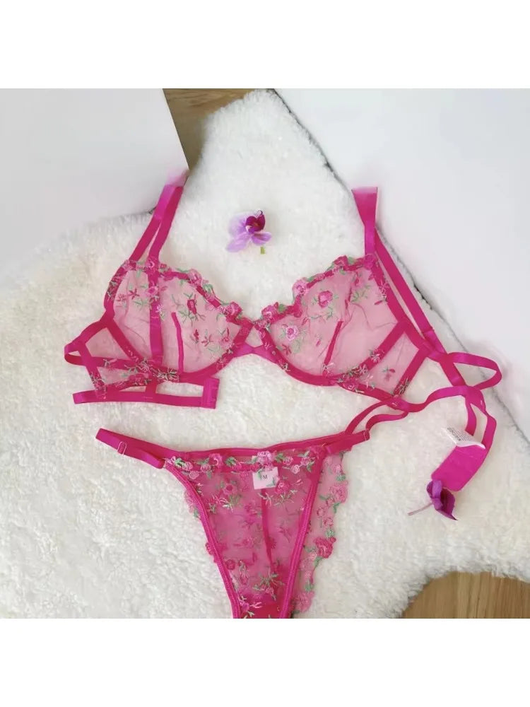 YUQI French Luxury Lingerie Set - Sexy Floral Embroidery Black Bra & Panty Set, Sheer Transparent Seductive Women's Intimates