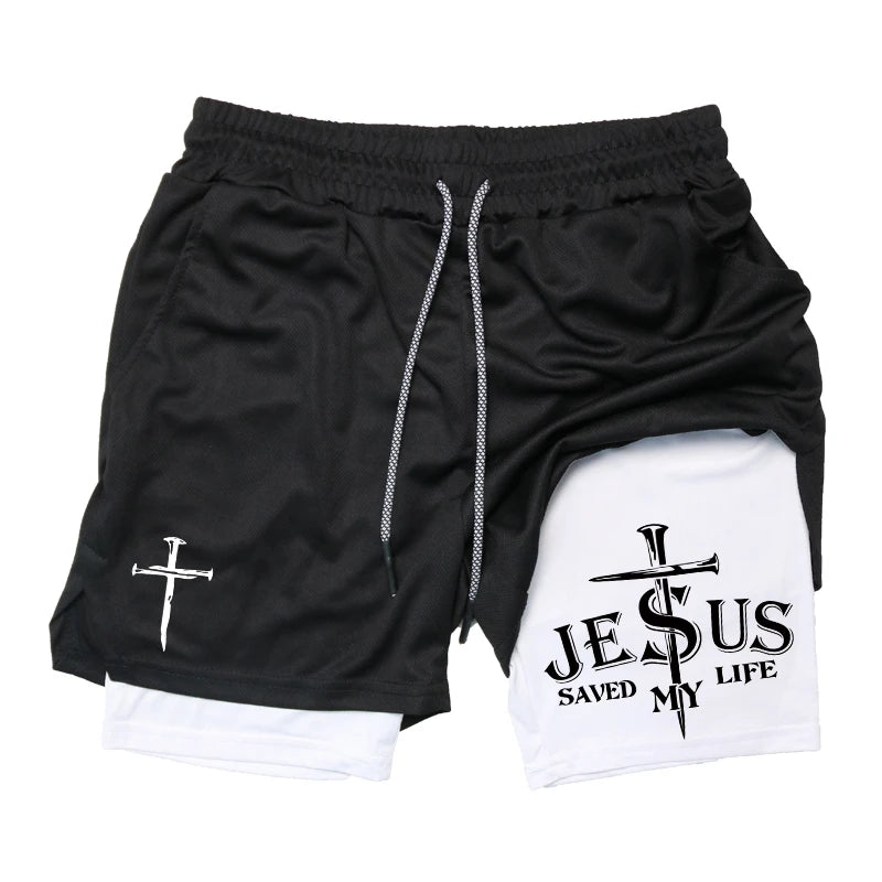Print 2 in 1 Running Workout Shorts for Men Christian Gym Athletic Performance Shorts with Phone Pocket Towel Loop Activewear