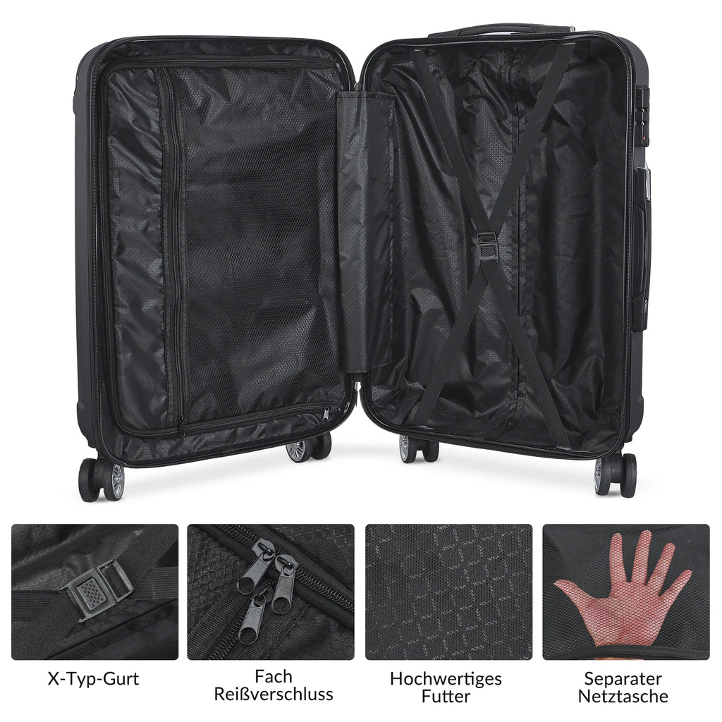 Comanlai 3Pcs Rolling Luggage Sets, Black Hard-shell Suitcases, Classical Striped Design, with 360° Universal Wheels, TSA Lock and Telescopic Handle,  for Business Outdoor Travelling