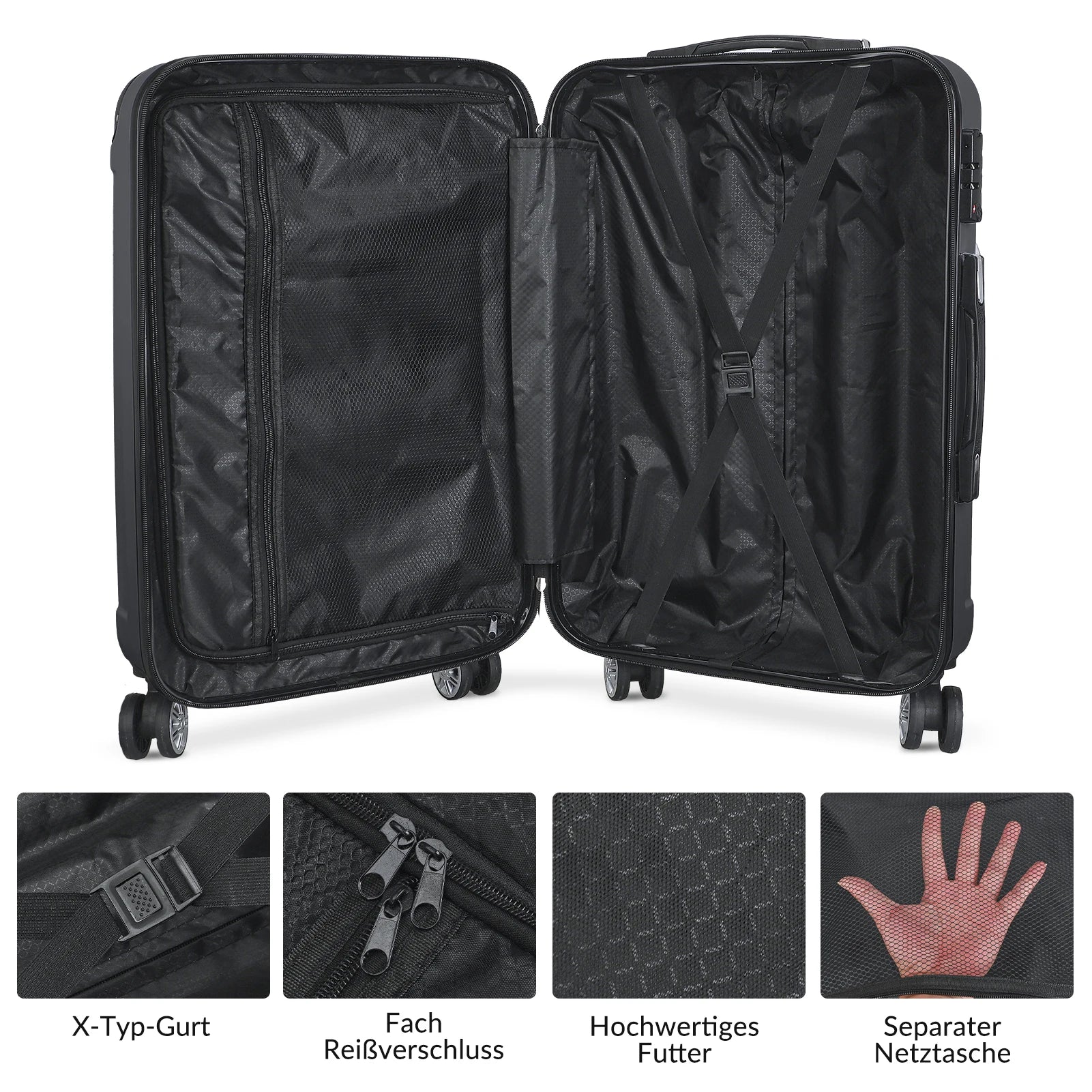 Comanlai 3Pcs Rolling Luggage Sets, Black Hard-shell Suitcases, Classical Striped Design, with 360° Universal Wheels, TSA Lock and Telescopic Handle,  for Business Outdoor Travelling