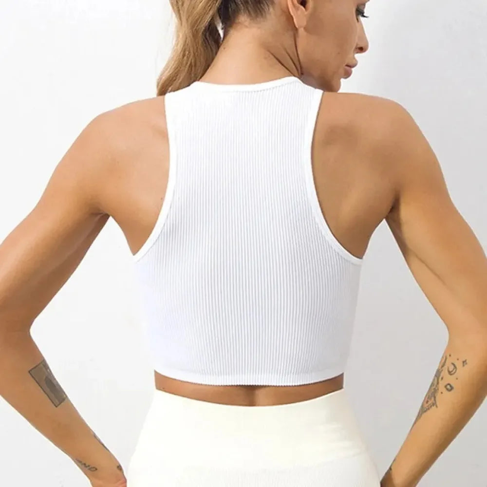 Yoga vest - Women's gym wear - Black and white striped design - Short-sleeved top - Seamless construction - Streetwear