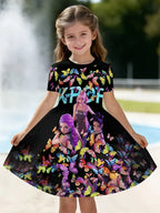 Kpop Cartoon Graphic Dress for Girls Funny Gift for Fan Harajuku Girl Clothes Summer Tops Short Sleeve Dress Children's Clothing