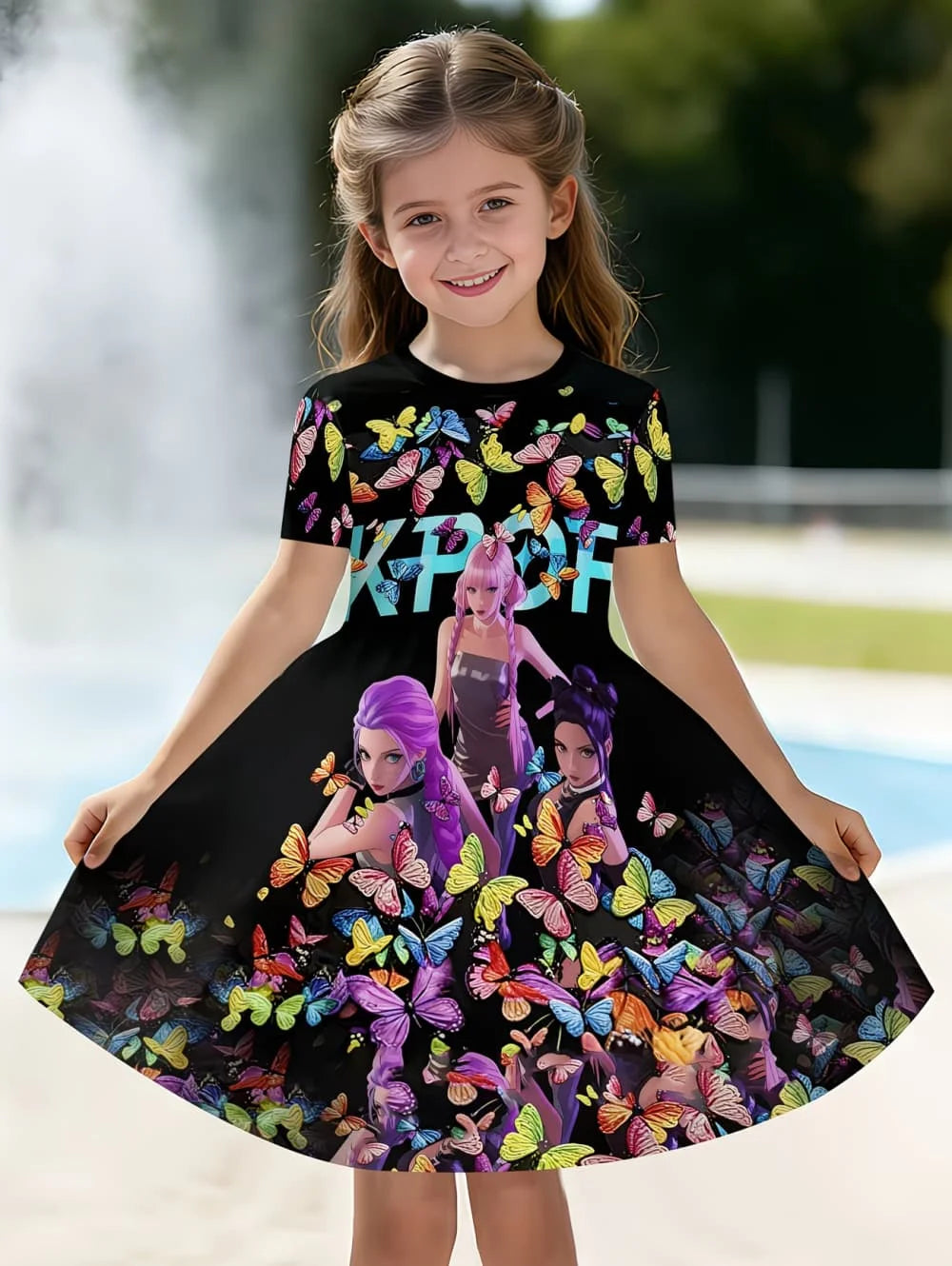 Kpop Cartoon Graphic Dress for Girls Funny Gift for Fan Harajuku Girl Clothes Summer Tops Short Sleeve Dress Children's Clothing
