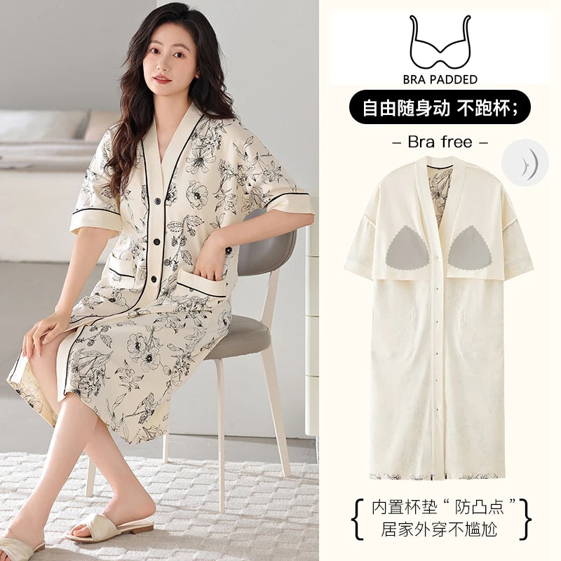 SUKAE Midi Nightdress M-5XL V-neck Bra Padded Botton Sleepshirt Plus Size Cotton Nightgowns Summer Women Short Sleeves Nightgown