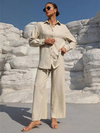 Plus Size Casual Loose Two-Piece Set Wide Leg Pants Long Sleeve Shirt Light Beige Street Style Elegant Quality Polyester Summ...