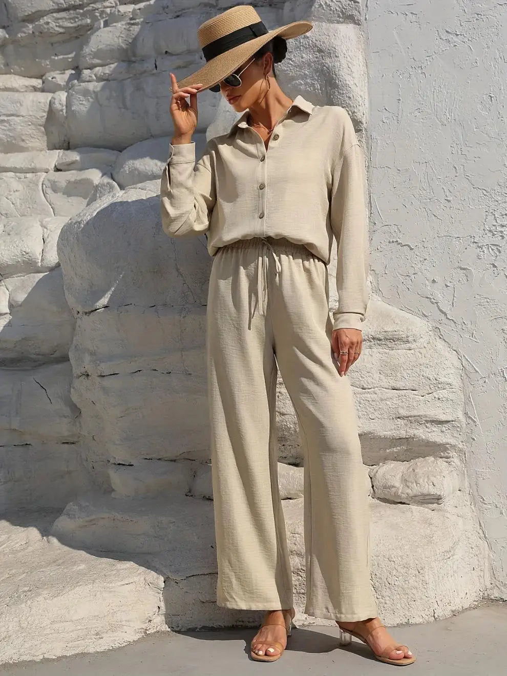 Plus Size Casual Loose Two-Piece Set Wide Leg Pants Long Sleeve Shirt Light Beige Street Style Elegant Quality Polyester Summ...
