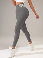 European and American Seamless Yoga Leggings with Waistband Lettering, Butt-Lifting, Quick-Dry Women's Breathable Tights for Pea