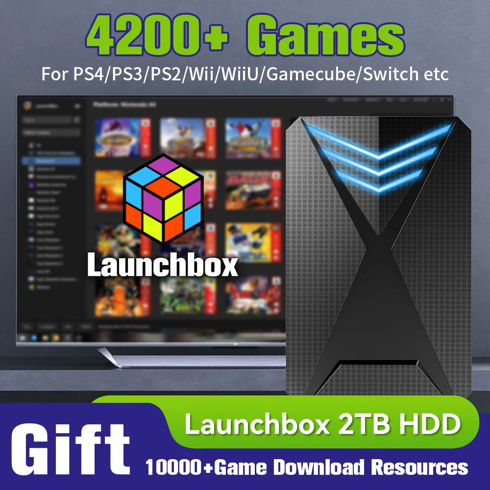 JMachen Hyper Base Lbox Retro Game Console for PS4/PS3/Switch/PS2/Wii/WiiU/PS1 Launchbox 2TB Gaming HDD with 4200+ PC/3D Games Main image
