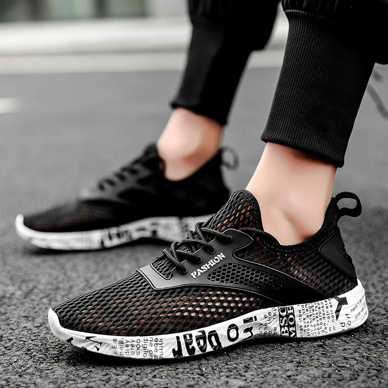 Summer Mens Black Hollow Mesh Sneakers Fashion Breathable Lightweight Casual Walking Shoes Printed Sole Outdoor Sports Footwear Main image
