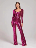 Jumpsuits Women Sequin One Piece Floor Length Pant Overalls Full Sleeve Bodycon Party Night Rompers Splice High Waist Belt