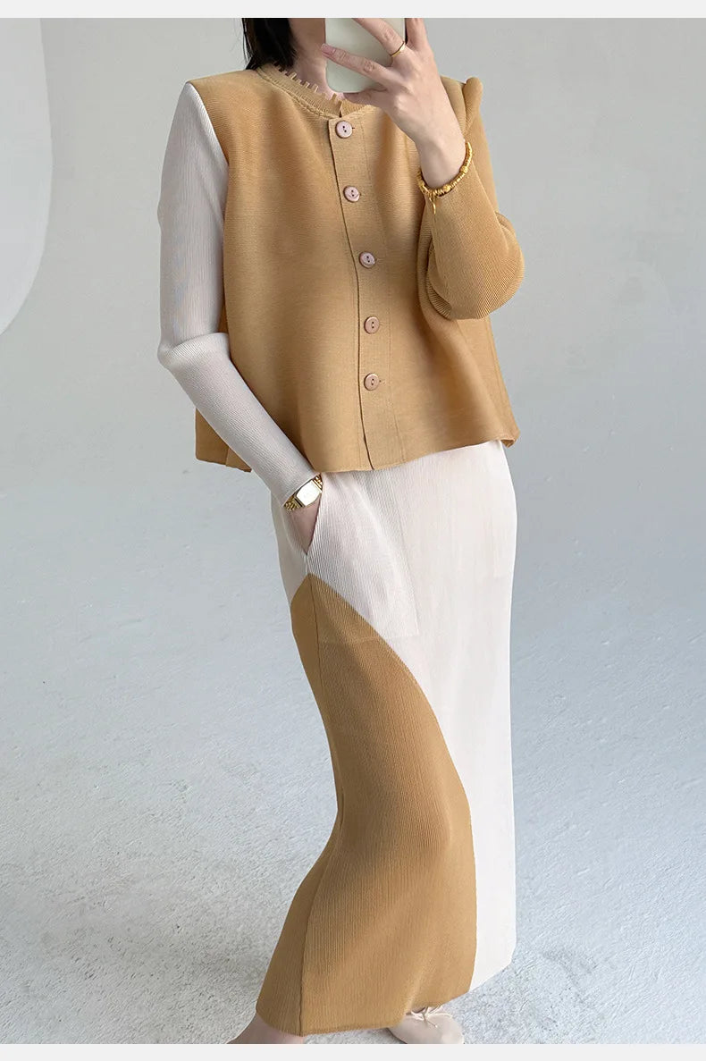 Khaki Beige Pleated Crew Neck Button Vest & Pleated Color Block Skirt Set Drapey Co-ord Set Minimalist Chic Trendy Daily 2026