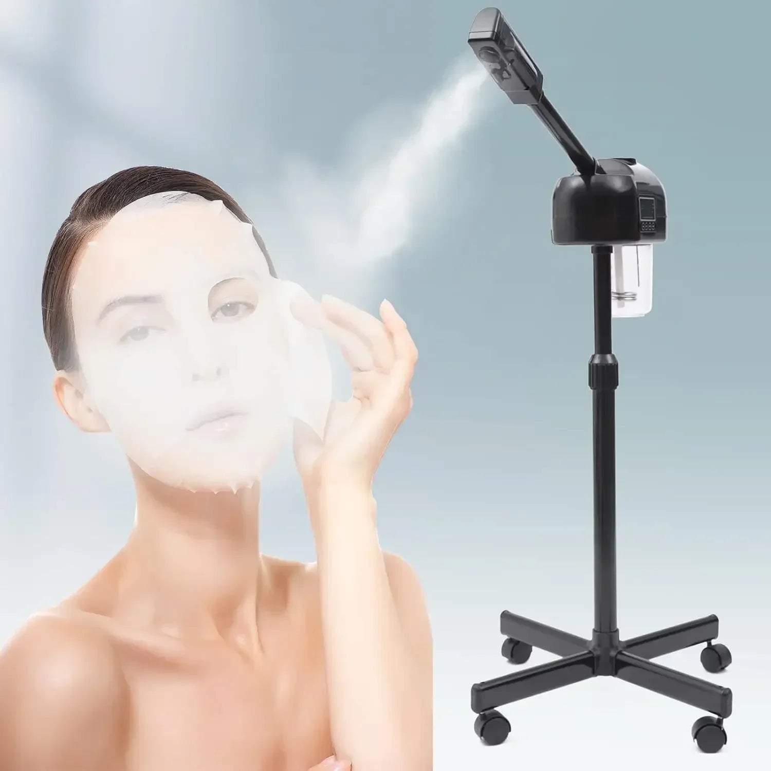 Portable Aesthetic Professional Height Adjustable Facial Steamer with LCD Screen and Wheels, Suitable for Beauty Salons and Home