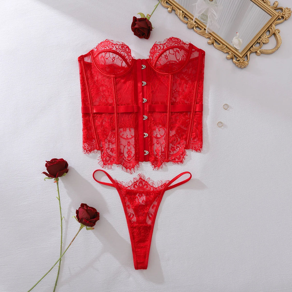 Ellolace Palace Women's Lingerie Sets Willowy Corset Thong 2PC Set Sexy Hot Strapless Lace Fancy Deep V-neck Women Underwear