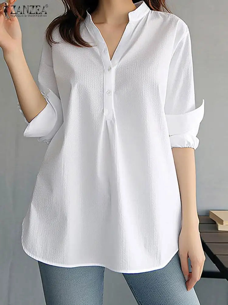 ZANZEA Women Fashion Whiter Shirts Casual Loose Button Down Blusas 2024 Summer Office Blouse Korean OL V-neck Long Sleeve Tunics Main image