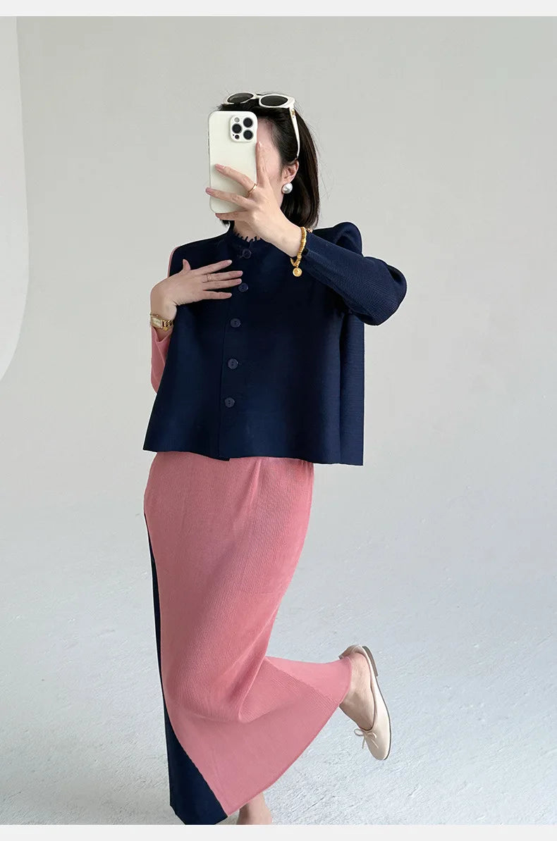 Khaki Beige Pleated Crew Neck Button Vest & Pleated Color Block Skirt Set Drapey Co-ord Set Minimalist Chic Trendy Daily 2026