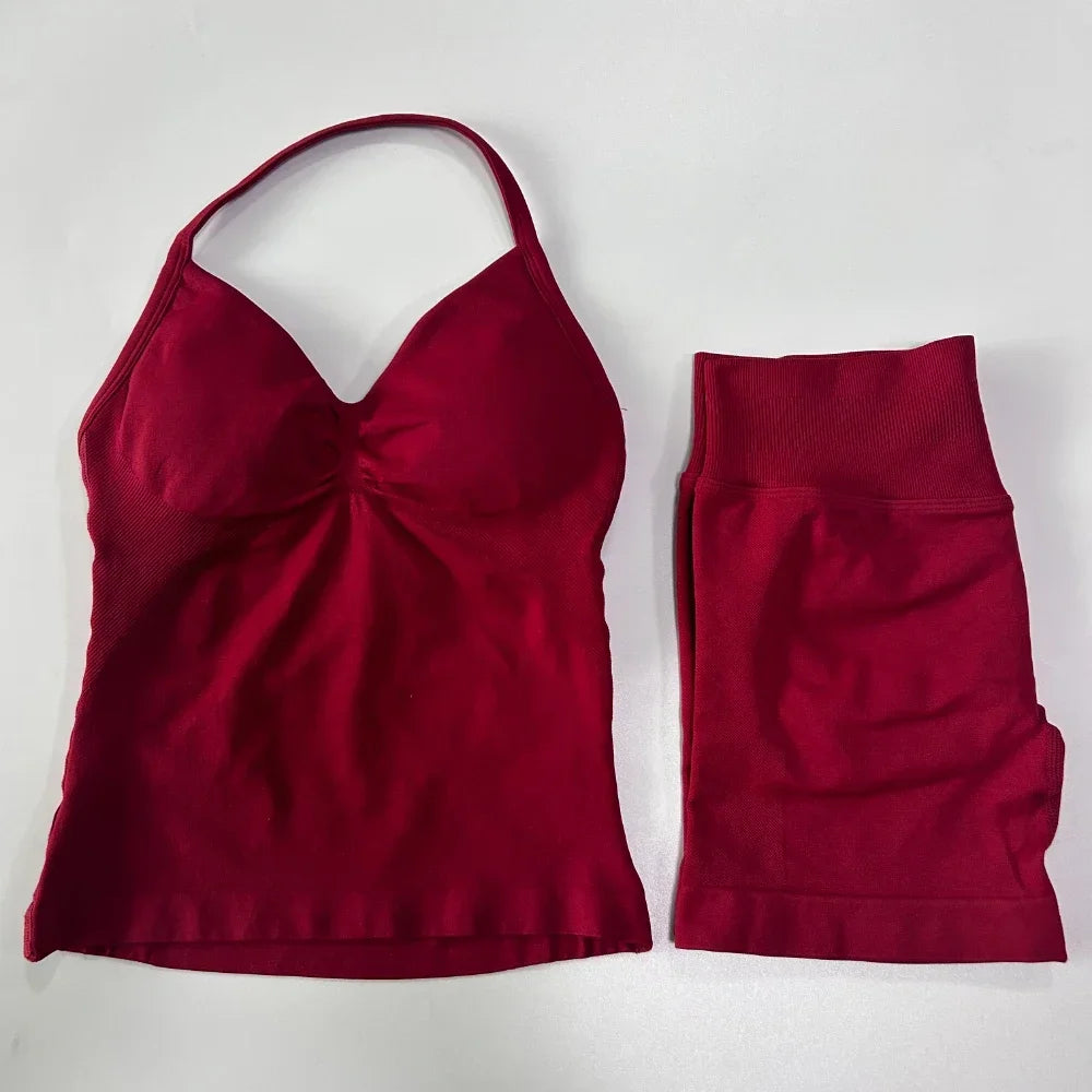No Logo 2 Pieces Sports Set Women Backless Tank Tops High Waist Scrunch Seamless Shorts Gym Set Sportswear Workout Set Yoga