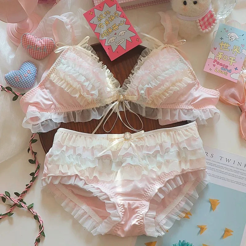 Japanese Style Lolita Princess Lingerie Set Women Pure Desire Cake Layer Lace Mesh Cotton Crotch Party Bra And Panty Set  Cute