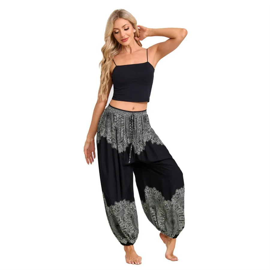Women's Boho Wide Leg Harem Pants Adult High Waist Yoga Loose Lantern Pants Breathable Beach Trousers Vacation Printed Jagger