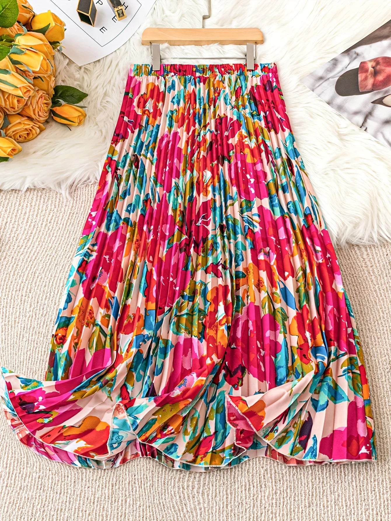 Spring Summer Women's Elegant Floral Print Long Skirts Casual High Waist Party Slim A-line Pleated Skirt Secondary image
