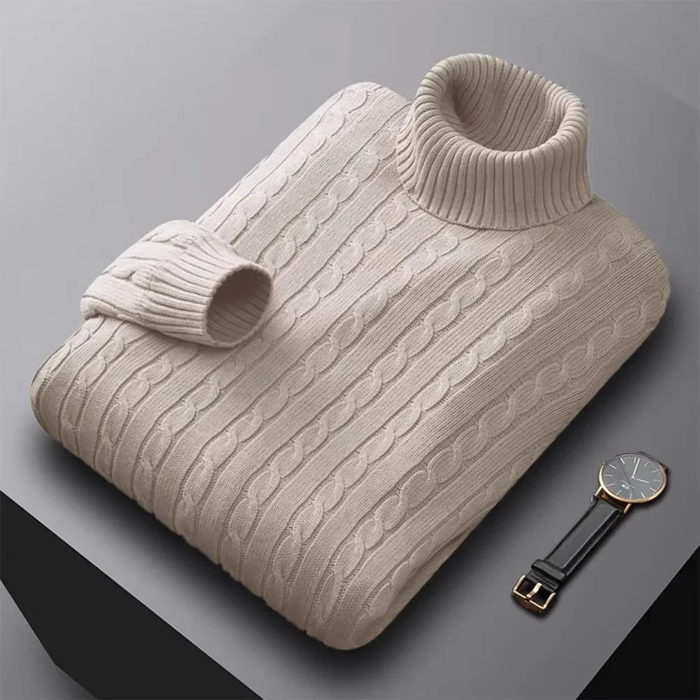 Autumn New Men's Turtleneck Jacquard Sweater Solid Color Knitted Pullover Casual Warmth High Elastic Versatile Male Sweatwear