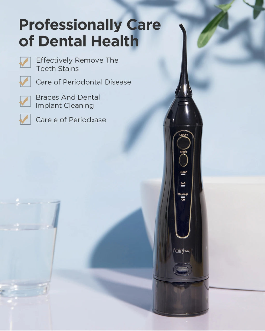 Fairywill Water Flossers for Teeth 300ML Oral Irrigator Rechargeable Portable Dental 3 Modes Water Tank Waterproof Teeth Cleaner