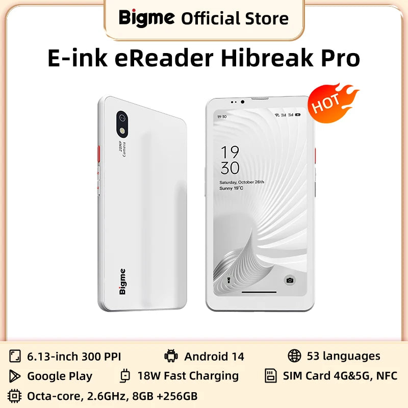 BIGME Hibreak Pro ebook reader, 6.13'' B&W E-ink screen Electronic book, 300PPI Android 14 OS 8GB+256GB ereader tablet with NFC Main image