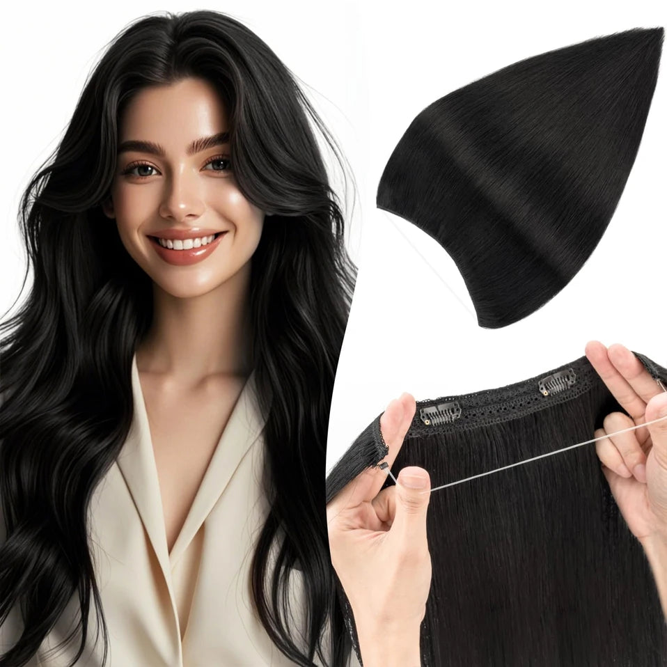 TESS Wire Hair Extensions Invisible Straight Wire Remy Human Hair Extensions with Transparent Line Clip In Hair Weft For Women