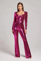 Jumpsuits Women Sequin One Piece Floor Length Pant Overalls Full Sleeve Bodycon Party Night Rompers Splice High Waist Belt