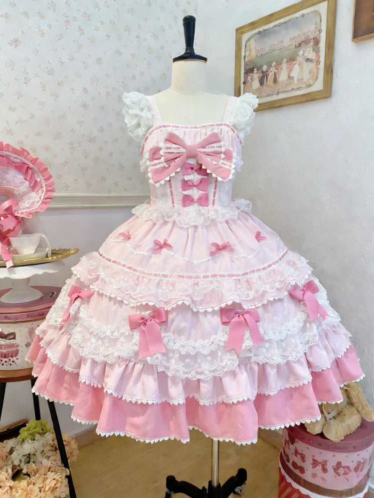 Summer Japanese Style Kawaii Lolita Dress Women Party Vintage Sweet Lace Bow Birthdays Cake Dresses Harajuku Y2k Bandage Dress