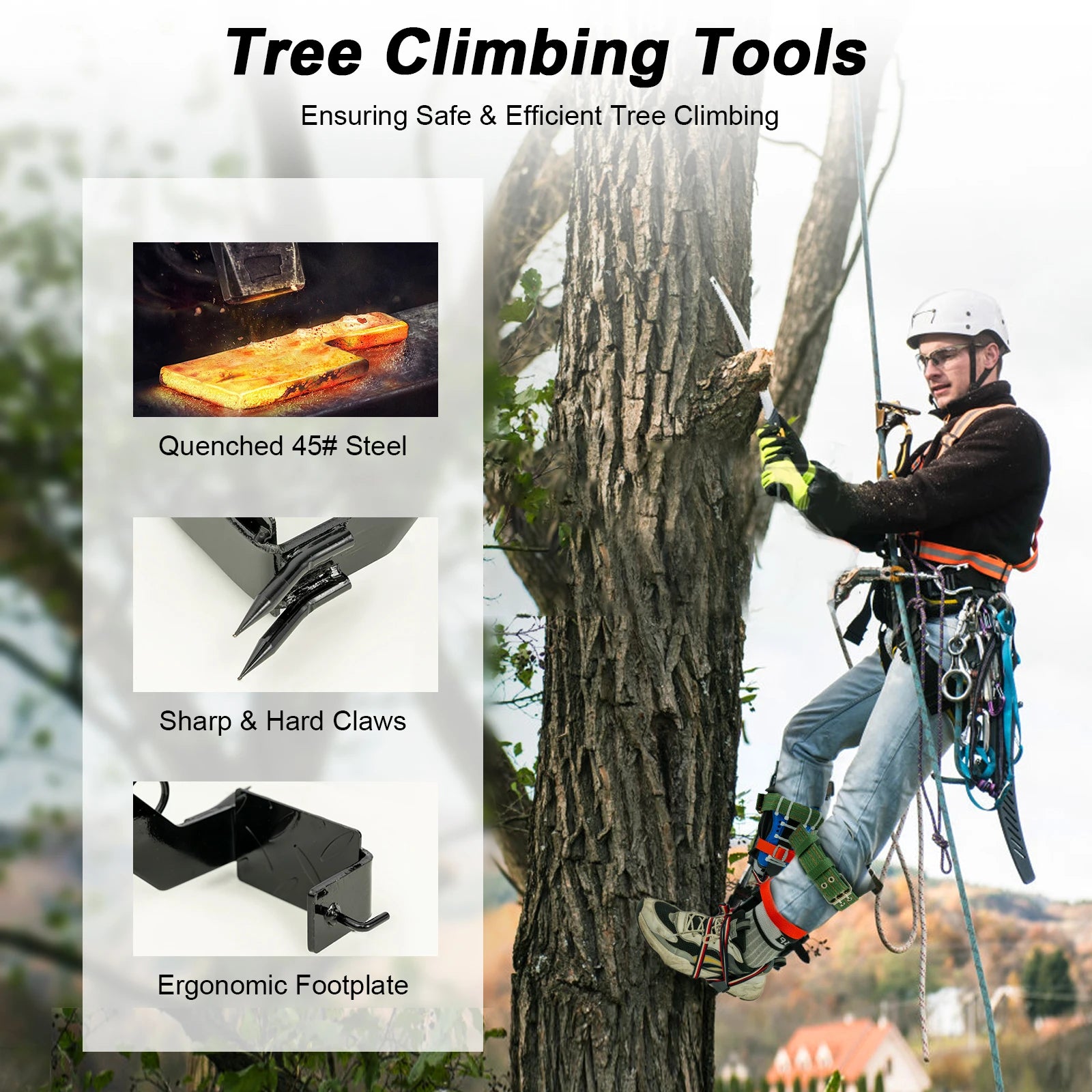 Tree Climbing Tools with Safety Belt 2M Rope 45# Steel Wide Foot Pedal Comfortable Kit for Fruit Picking, Jungle Survival, Black