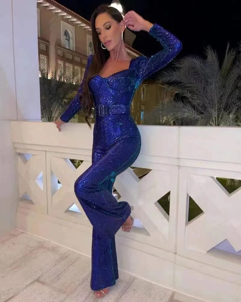 Jumpsuits Women Sequin One Piece Floor Length Pant Overalls Full Sleeve Bodycon Party Night Rompers Splice High Waist Belt