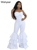 New One Pieces Jumpsuits Women Black Strapless Sleeveless Sexy Rompers Slim Fit Long Ruffles Flare Pant Night Club Even Overalls