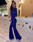 Jumpsuits Women Sequin One Piece Floor Length Pant Overalls Full Sleeve Bodycon Party Night Rompers Splice High Waist Belt