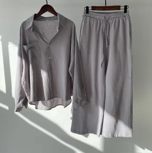 Plus Size Casual Loose Two-Piece Set Wide Leg Pants Long Sleeve Shirt Light Beige Street Style Elegant Quality Polyester Summ...