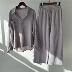 Plus Size Casual Loose Two-Piece Set Wide Leg Pants Long Sleeve Shirt Light Beige Street Style Elegant Quality Polyester Summ...