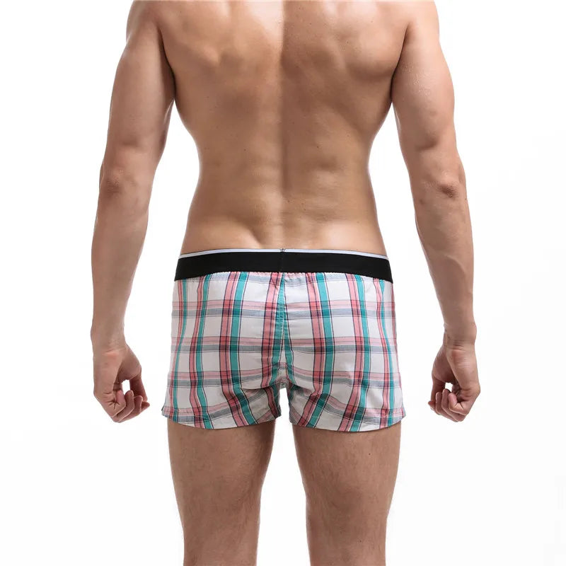 SEOBEAN Classic Plaid Mens Boxer Shorts 100% Cotton Underwear Boxershorts U convex Pouch Arrow Panties Shorts Men Sleep Bottoms