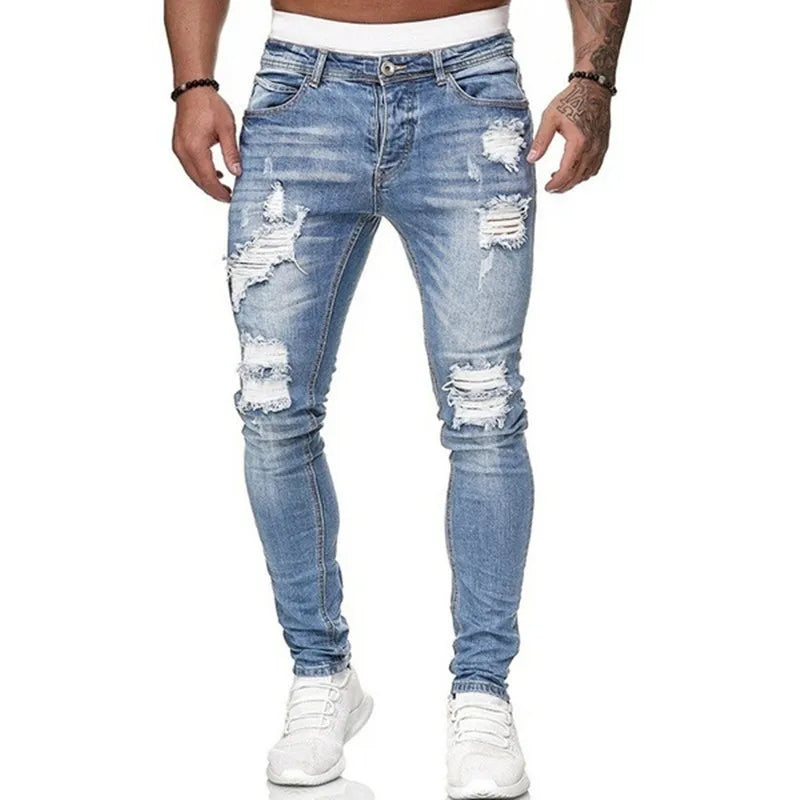 Fashion Street Style Ripped Skinny Jeans Men Vintage wash Solid Denim Trouser Mens Casual Slim fit pencil denim Pants hot sale Secondary image