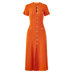Summer Solid Round Neck Short Sleeved Office Lady Knitted Dress Women Korean Single Breasted Hollow Out Long Dress Fashion Trend