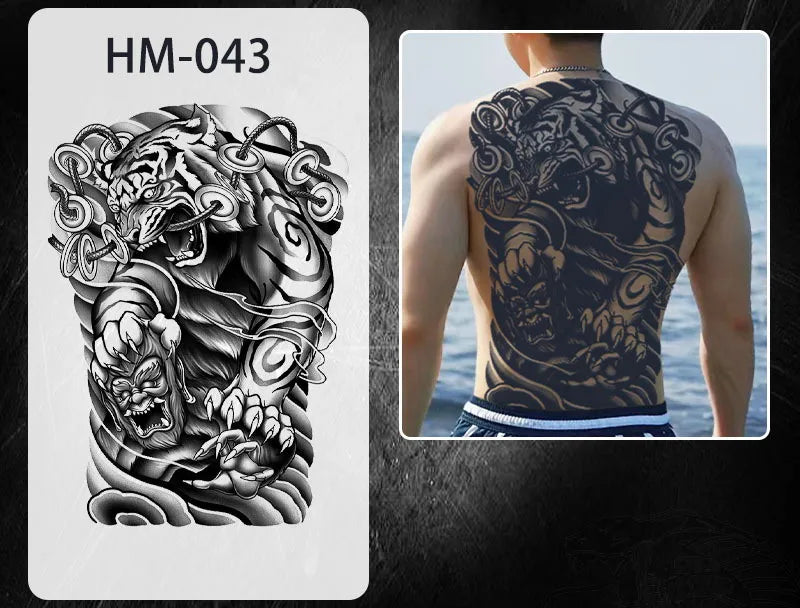 Magic Juice Ink Waterproof Tattoo Stickers Full Back Large Size Herbal Juice Temporary Tattoos Men Body Art Dragon Tiger