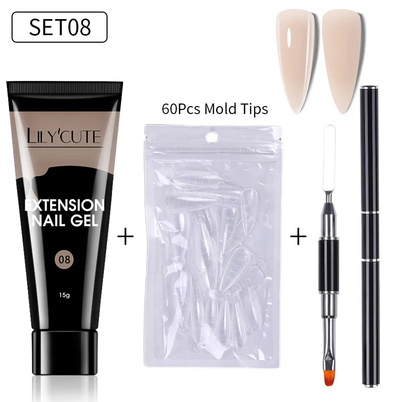 LILYCUTE 15ml Extension Gel Nail Polish Set Quick Nail Prolong With Extend Mold Nail Tips Acrylic Solution Manicure Tools Kit