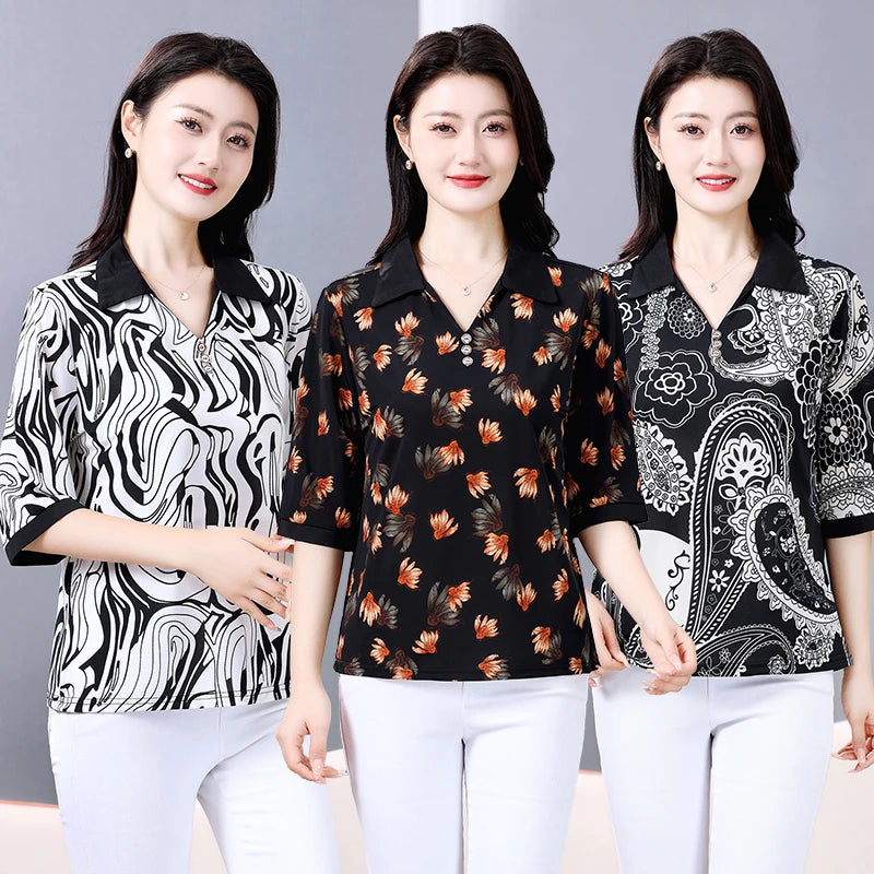 Summer half sleeve Shirt Fashion Commute All-match Ice Silk Printed Button Loose Women's Blouses Top