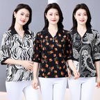 Summer half sleeve Shirt Fashion Commute All-match Ice Silk Printed Button Loose Women's Blouses Top