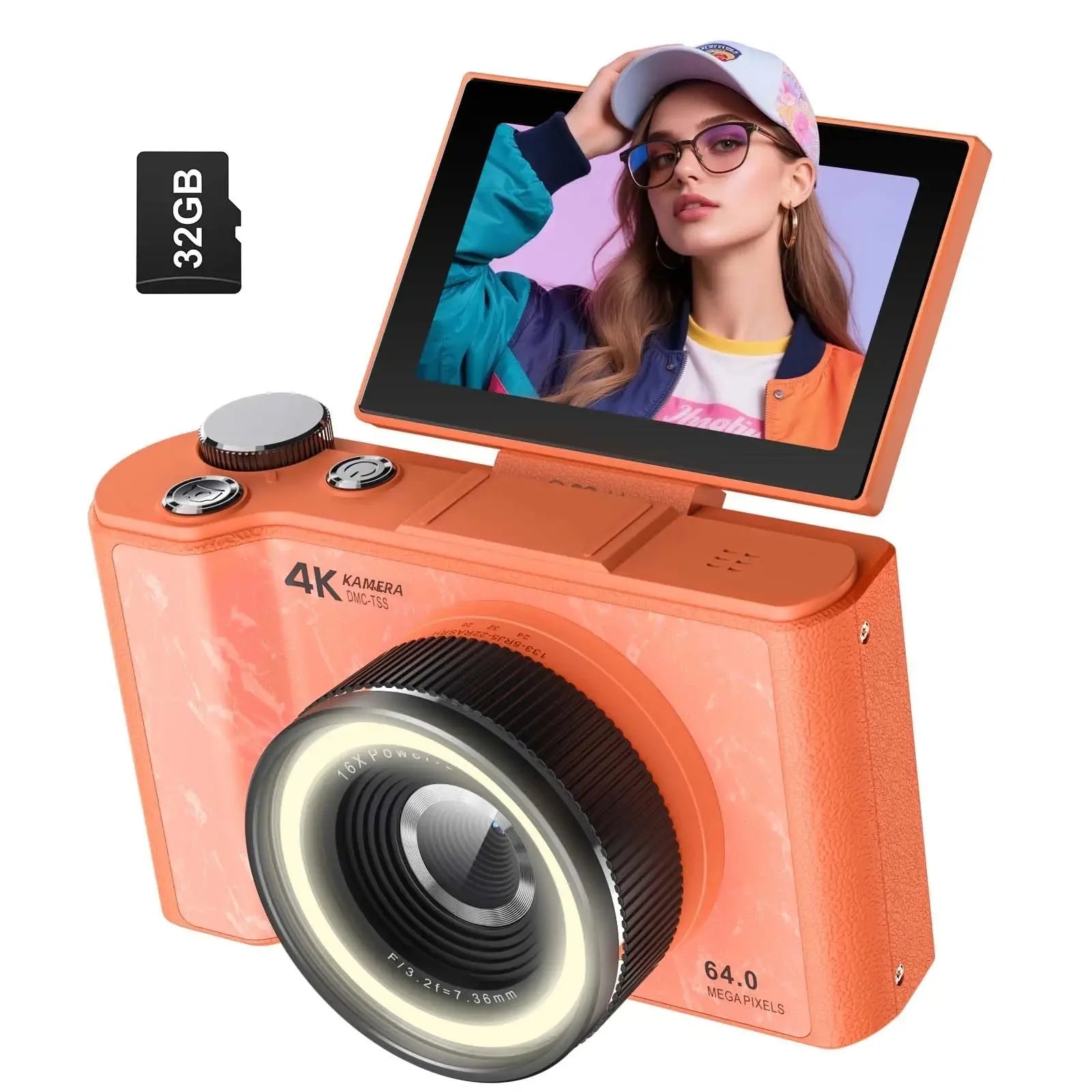 4K Vlogging Camera, 180° Flip Screen, Ring Light & Beauty Mode, Digital Camera for Beginners, 32G SD Card Included, Xmas Gift Main image