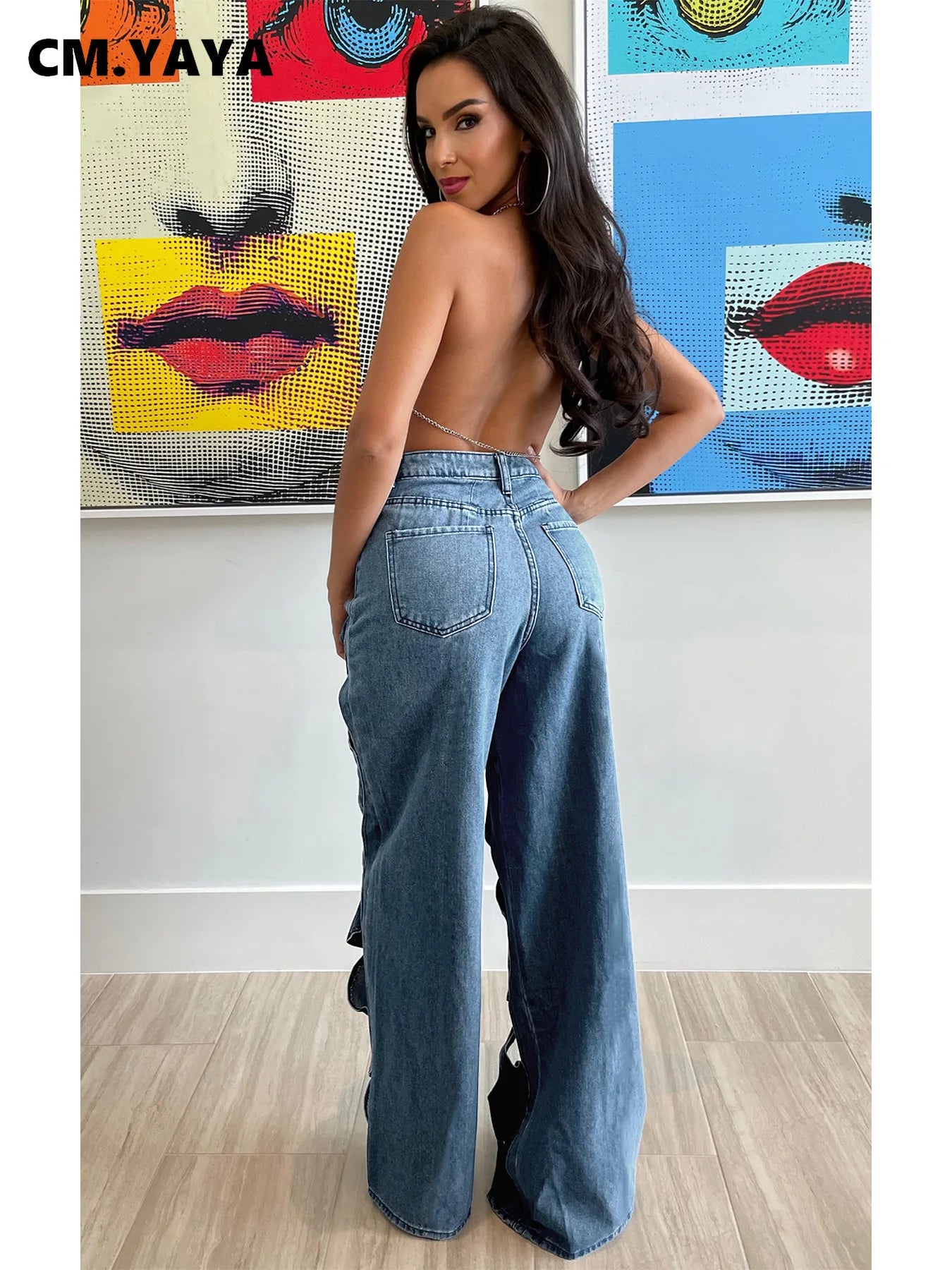 CM.YAYA Women Vintage Cutout Hollow Out Criss Cross Straight Denim Pants 2024 Fashion INS High Waist Wide Leg Jeans Trousers Secondary image