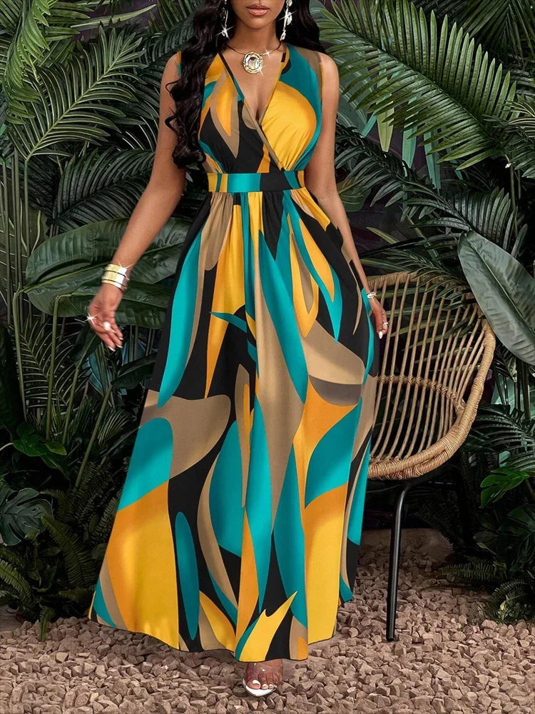 Women's sleeveless V-neck floor-length dress with abstract prints - fashionable for beach and casual occasions Main image