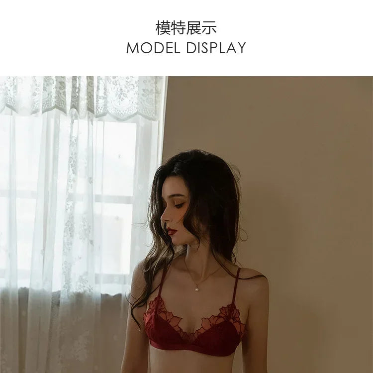 BANERDANNI Pure Desire Victoria French Lace Embroidered Lingerie Women's Thin Cup Triangle Cup Bra Set Comfortable No Underwire